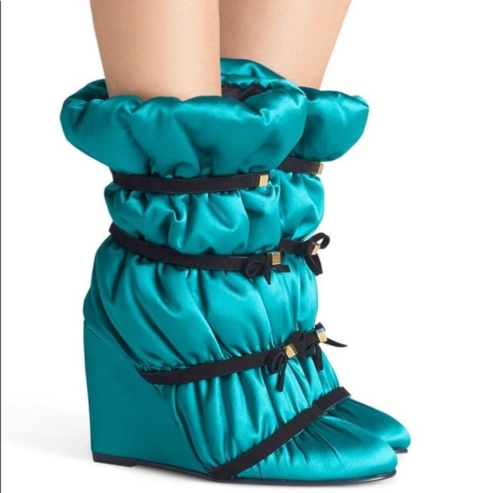 Stuart Weitzman Blue Duvet Wedge Satin SILK Bootie